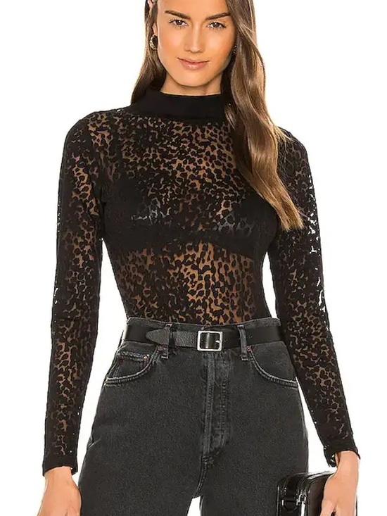 All Saints Tops - AllSaints Bodysuit Animal Print Leopard Sheer Black Mock Neck Long Sleeve Womens